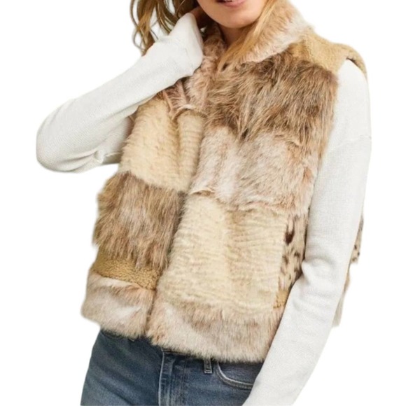 Anthropologie Jackets & Blazers - Anthropologie Marlena Faux Fur Patchwork Vest Large Petite LP Tan Apres Ski